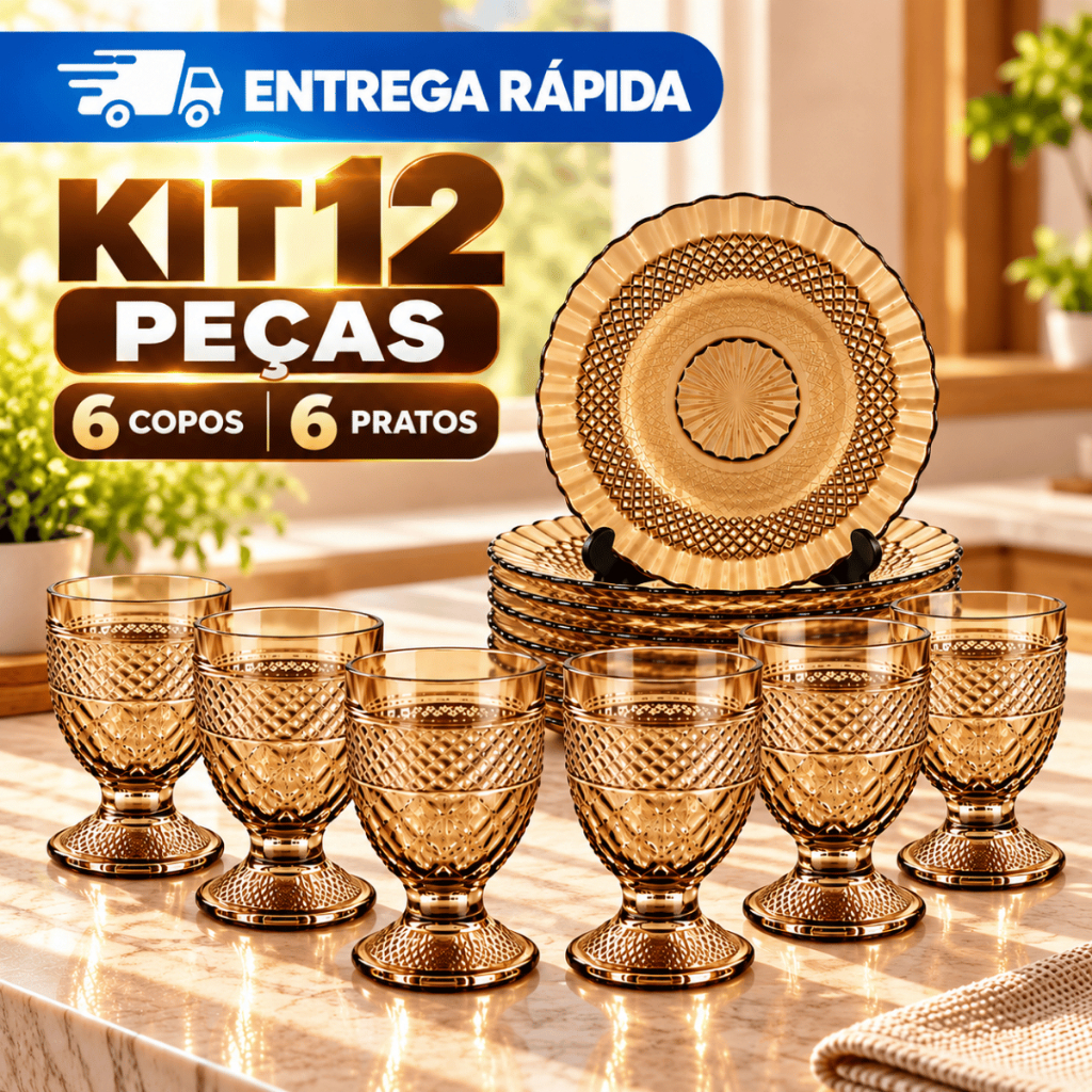 Jogo Mesa Completa 12 Peças 6 Pratos + 6 Taças 200ml Vidro Âmbar Trabalhado Vintage Jantar Almoço