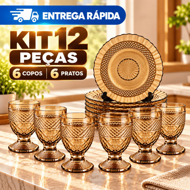 Jogo Mesa Completa 12 Peças 6 Pratos + 6 Taças 200ml Vidro Âmbar Trabalhado Vintage Jantar Almoço