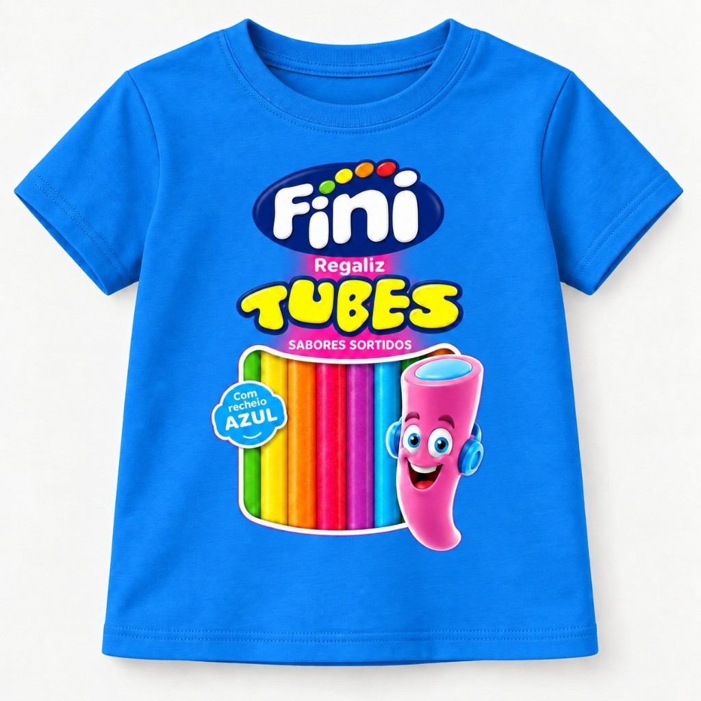 Camiseta Infantil Fini Temática Festa Tubes Azul Rosa BB 100% Algodão Confortável