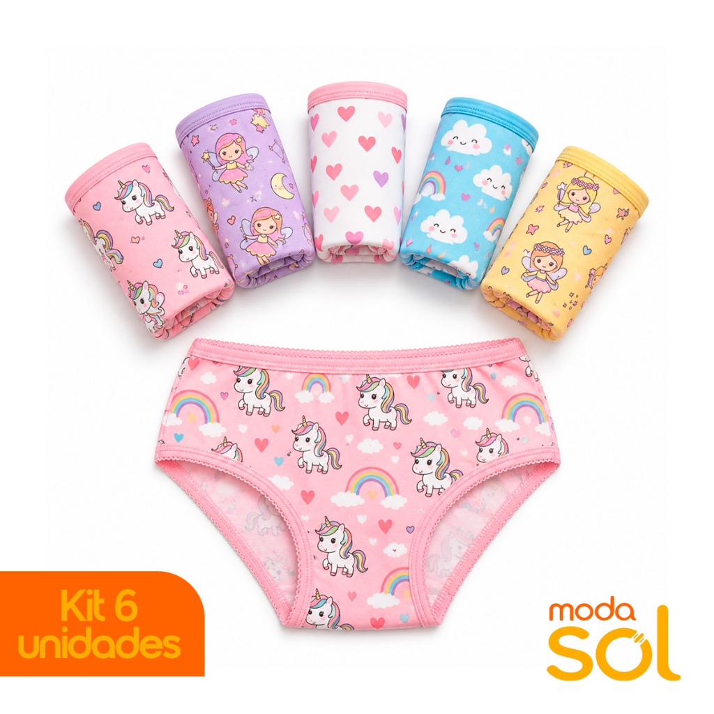 Kit 6 Calcinhas Tanga Infantil Meninas Estampas Diversas Sortidas Tecido Macio e Confortável