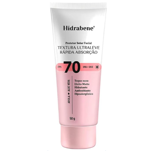 Protetor Solar Facial Hidrabene FPS 70 Ultraleve Argila Aloe Vera Toque Seco Efeito Matte 50g