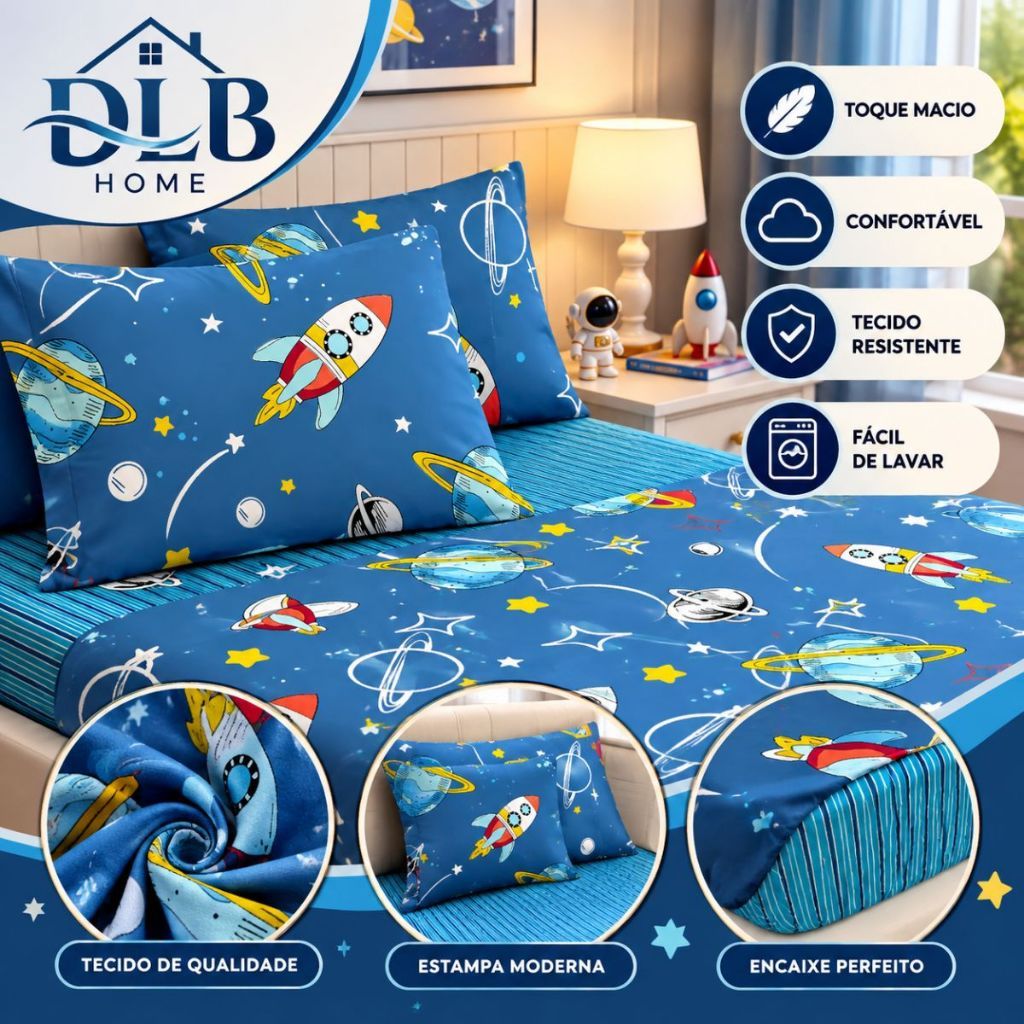 Kit Jogo de Cama Infantil Solteiro 3 Peças 180 Fios Poliéster Toque Macio