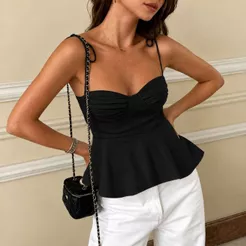 Blusa feminina Bata regata com alças finas e amarração, blusa peplum estilo elegante Verão Outono