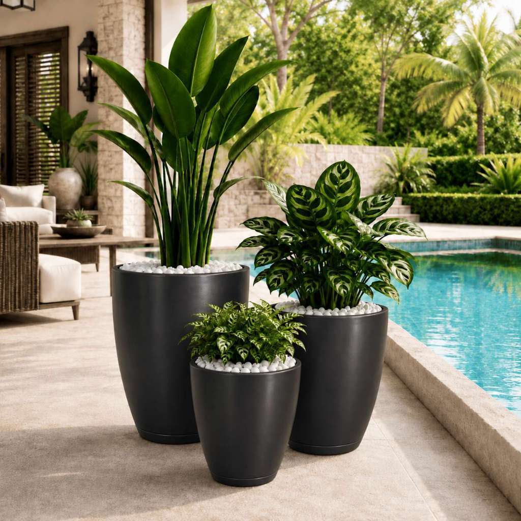 Kit Conjunto 3 Vasos de Plantas e Flores Grande Coluna Lisa Luxo Moderno P+M+G Polietileno Decorativo Sala Jardim