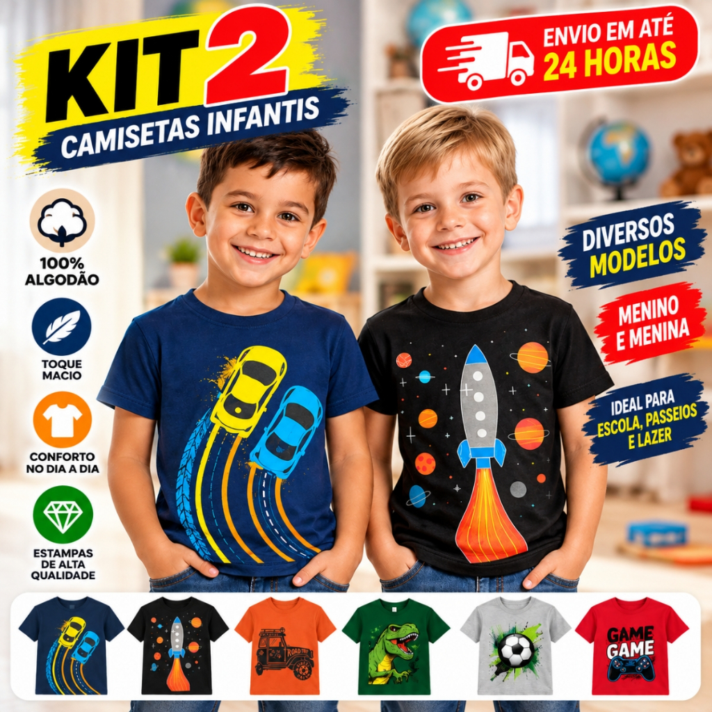 Kit 2 Camisetas Infantil Menino Verão Manga Curta Roupas Masculinas Cores e Estampas Variadas Modelos Sortidos