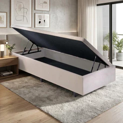 Base Box Baú Solteiro 88x188x42cm Suede Bege