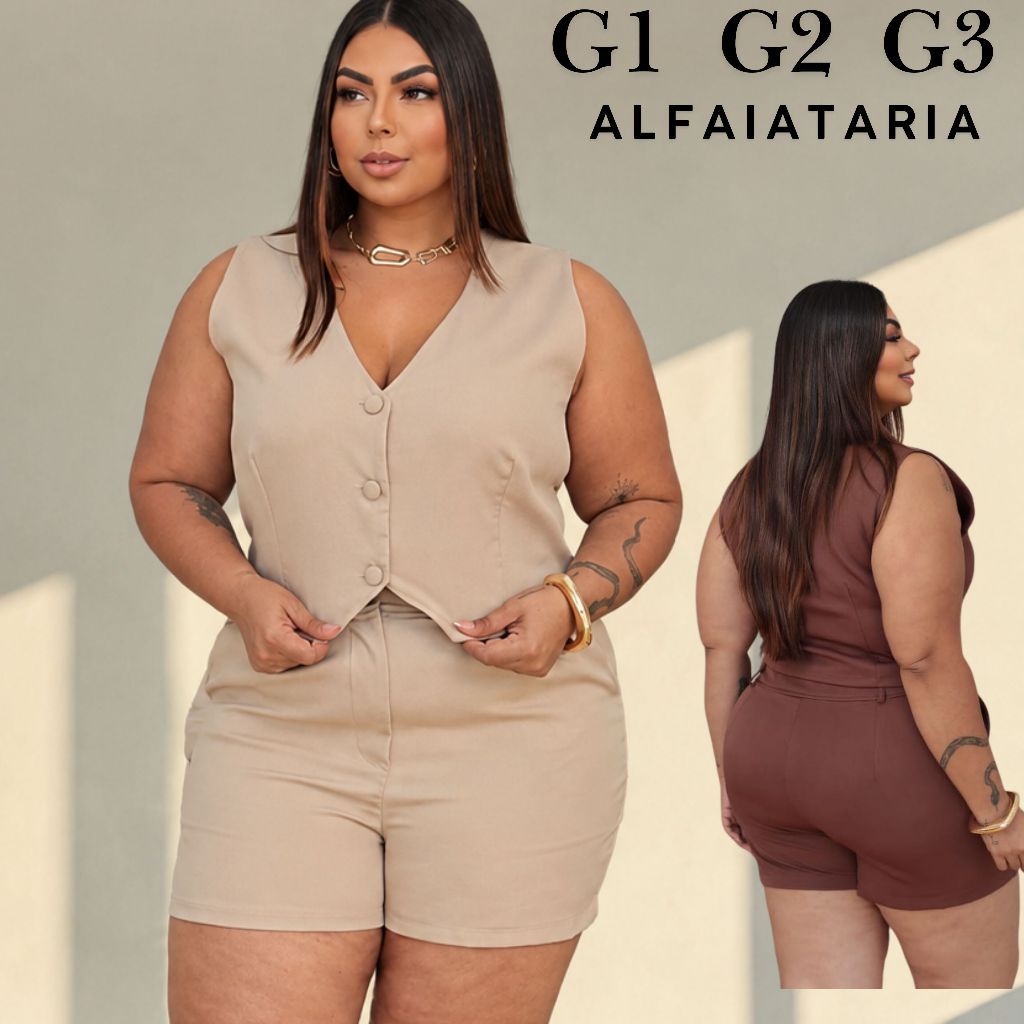 Conjunto Feminino Alfaiataria Colete e Short Social Elegante Moda Plus Size Decote V Shorts Cintura Alta GG G1 G2 G3