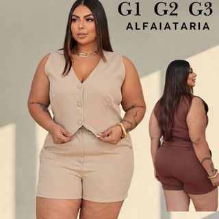 Conjunto Feminino Alfaiataria Colete e Short Social Elegante Moda Plus Size Decote V Shorts Cintura Alta GG G1 G2 G3