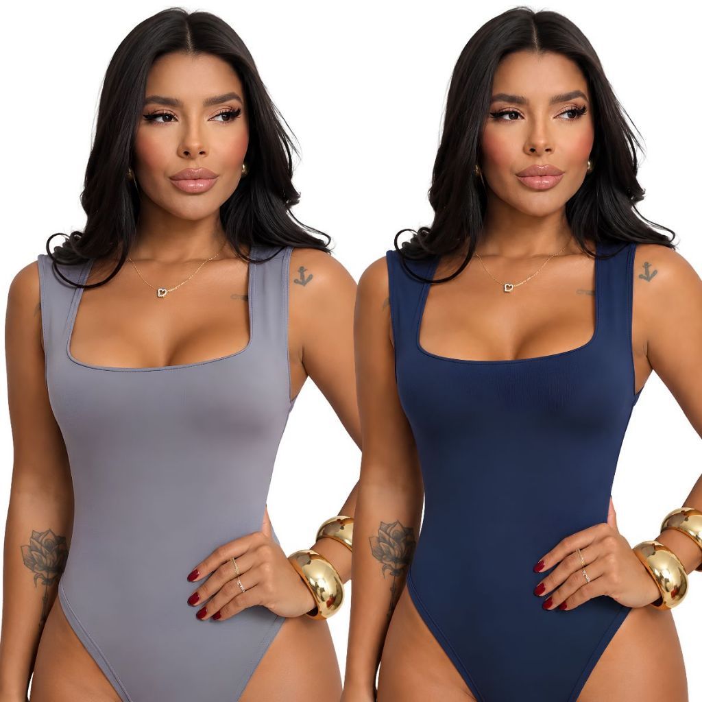 Body Feminino Decote Quadrado Alça Larga Suplex Com Forro Collant  Bori Tendência Moda Blogueira Casual