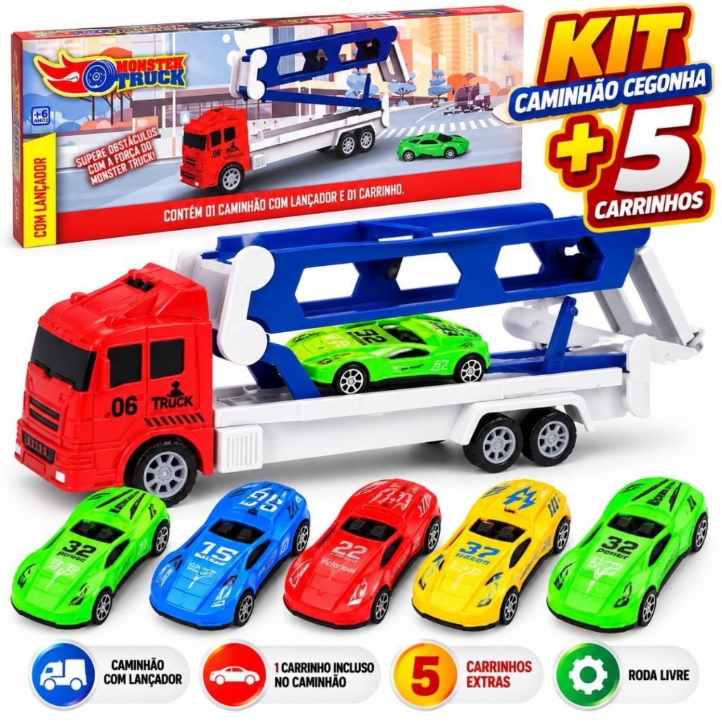 Caminhão Lançador De Carrinhos Com Rampa Compartimento Carro Brinquedo Educativo Para Crianças