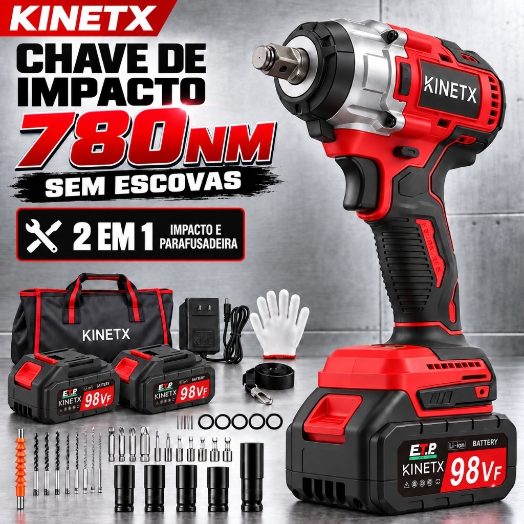 Chave De Impacto KINETX Parafusadeira Brushless 780Nm Encaixe 1/2" 98VF Sem Fio 2 Em 1 Kit 2 Baterias