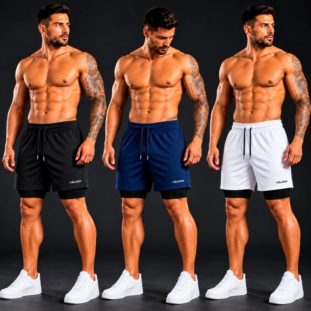 Kit 3 Shorts 2 em 1 Masculino Bermuda Compressão Dry Fit com Bolso Academia Treino Corrida VELKON