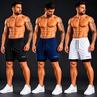 Kit 3 Shorts 2 em 1 Masculino Bermuda Compressão Dry Fit com Bolso Academia Treino Corrid…