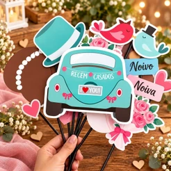 KIT 10 PLAQUINHAS RECÉM CASADOS PARA SELFIE NO PALITO (CHOCO)