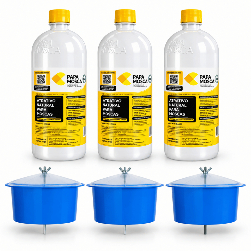 Kit 3 Armadilhas Biológicas Papa Mosca + 3 Atrativos Naturais 2L (Total 6L) Controle Biológico Orgânico