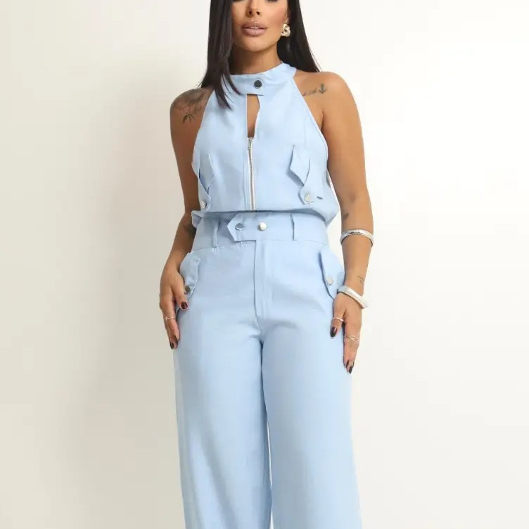 Conjunto Femenino Sensorial Marrant, Elegante, Verão, Casual, Pantalona, Bolsos e Zíper funcionais.