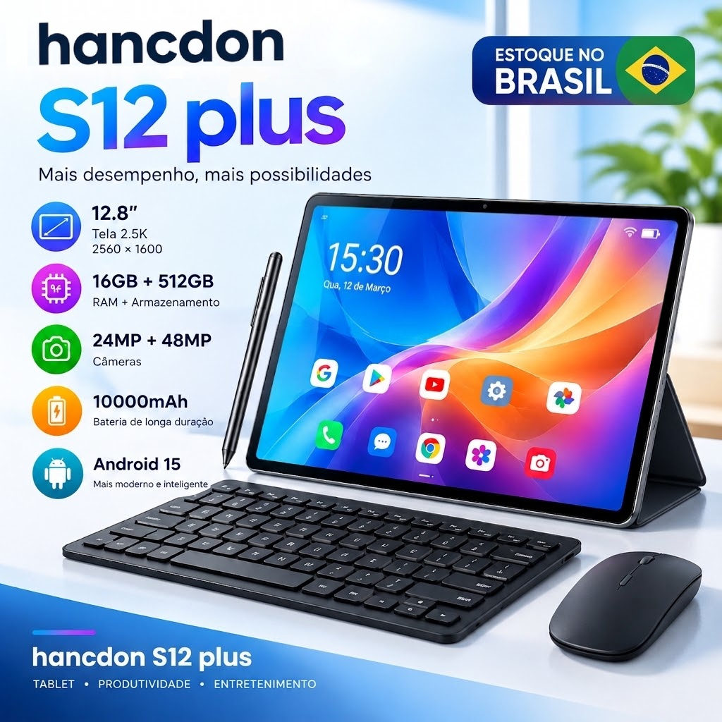Tablet Hancdon S12 Plus 12.8" 2.5K Android 15 16GB+512GB 10000mAh 24+48MP Estoque Brasil Kit Teclado Mouse Caneta — oferta na Shopee