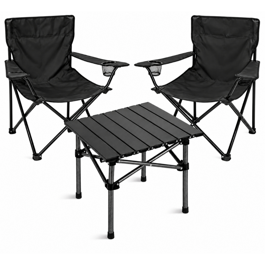 Kit Mesa Dobrável + 2 Cadeira Retrátil Camping Praia Pesca Acampamento Churrasco Com Bag Para Transporte