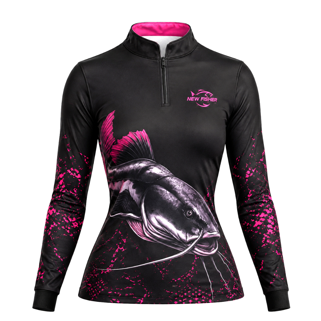 Camisa Camiseta Blusa de Pesca  New Fisher Feminina Baby Look Pirarara Rosa Pink c/ Proteção UV50
