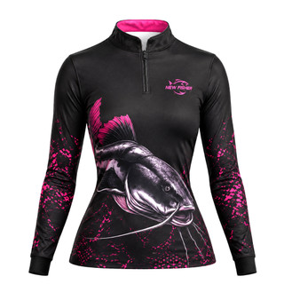 Camisa Camiseta Blusa de Pesca  New Fisher Feminina Baby Look Pirarara Rosa Pink c/ Proteção UV50