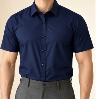 Camisa de Botão Passa facil Masculina Manga Curta Reto Social Casual Confortável de Verão Azul Escuro Tradicional