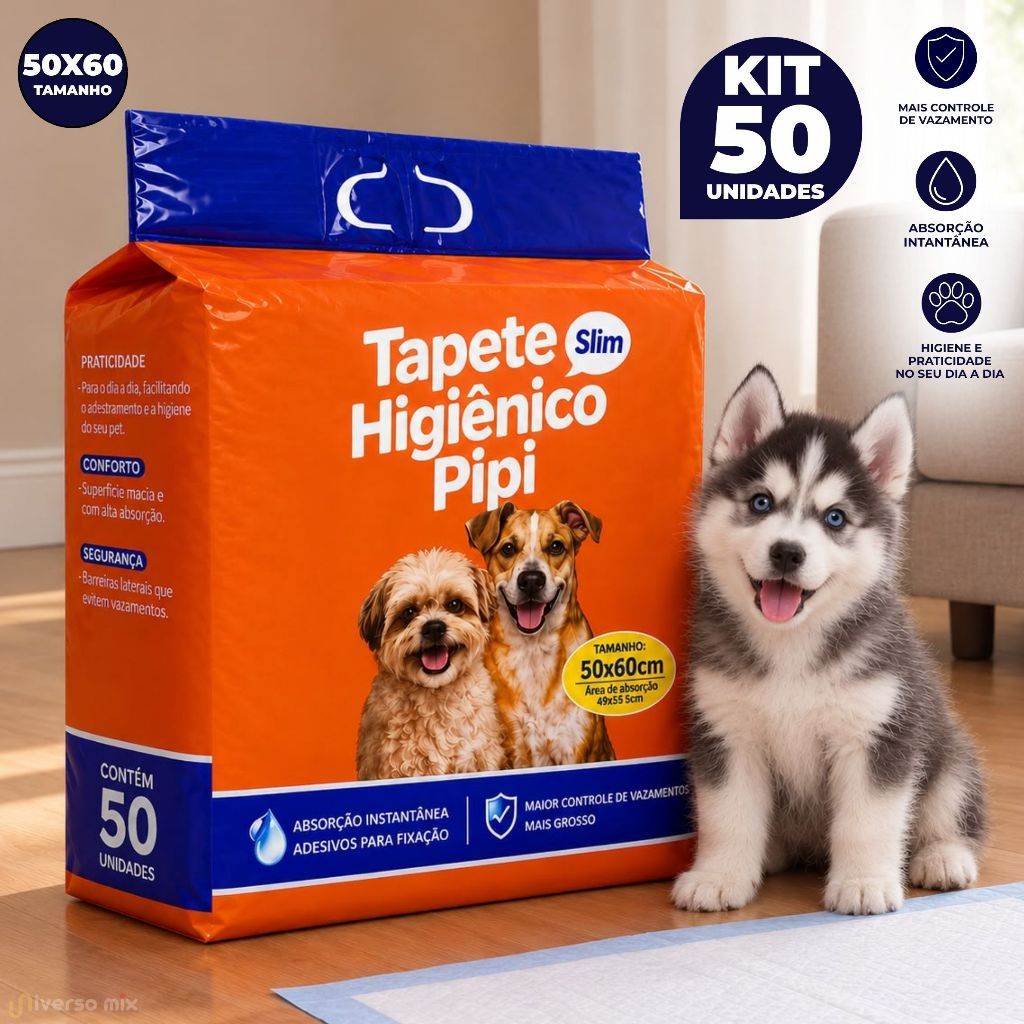 Kit 50 Tapetes Higiênico Pet Fralda Descartável Absorvente para Cachorro Adulto e Filhote - 50x60 cm