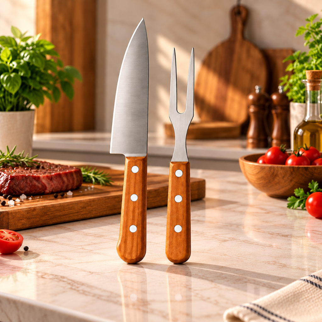 Kit de Churrasco Profissional 2 Peças com Faca e Garfo Inox - Ideal para Presente Dia Dos Pais, Casamentos