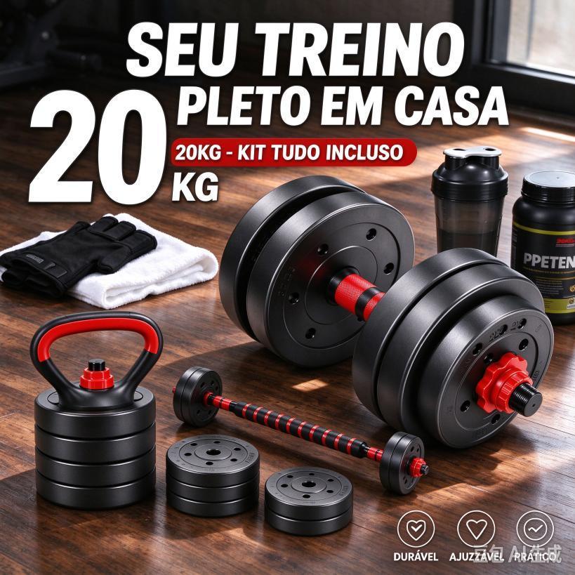 Kit 6 Em 1 Musculação 15kg Halteres Anilhas Barras Kettlebell Ajustáveis Academia Treino em Casa