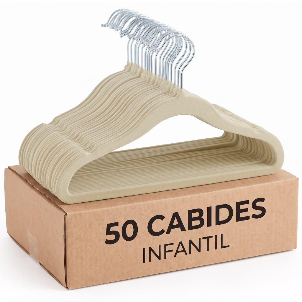 Kit 50 Cabides Veludo Infantil Bebê Slim Ultra Fino Antiderrapante Antideslizante Suporte Roupas Criança Bege Resistente
