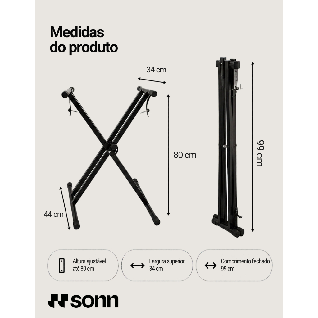 Suporte para Teclado Musical Sonn em X com Ferragem Dupla, Regulagem de Altura, Trava de Segurança e Estrutura Dobrável — imagem 2 de 2