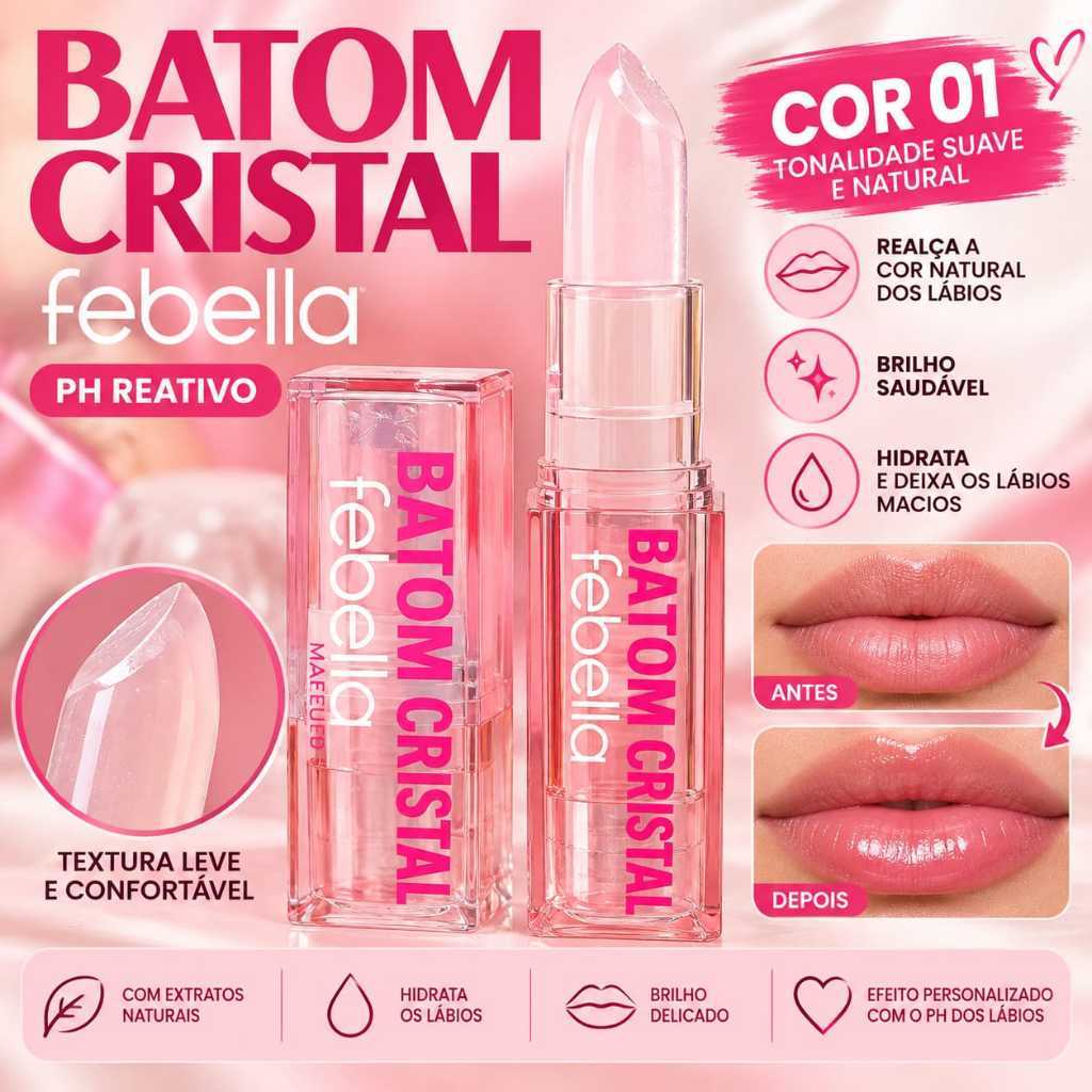 Batom Cristal Febella Cor 01 Brilho Labial Transparente Efeito Natural pH Reativo Baton Magico