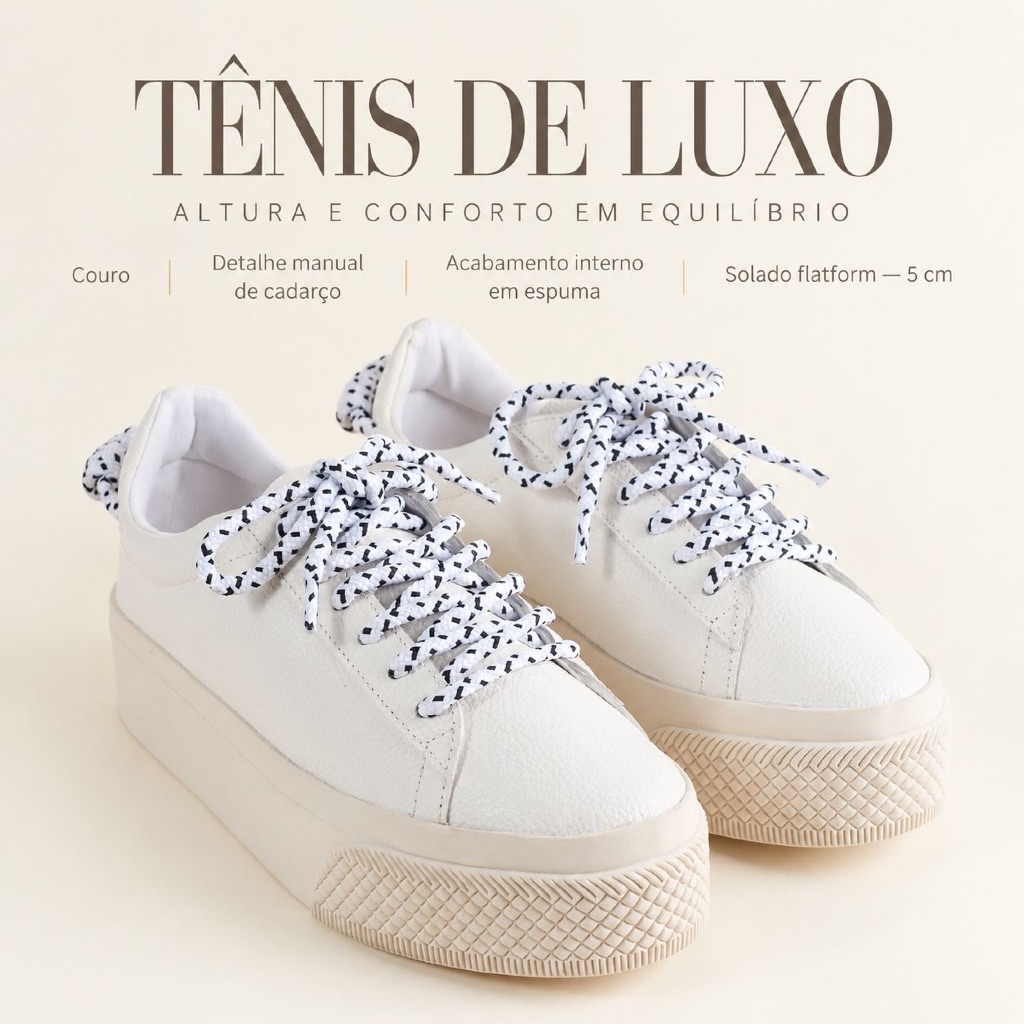 Tênis Feminino em Couro com Detalhe Manual de Cadarço, Espuma Interna e Solado Flatform