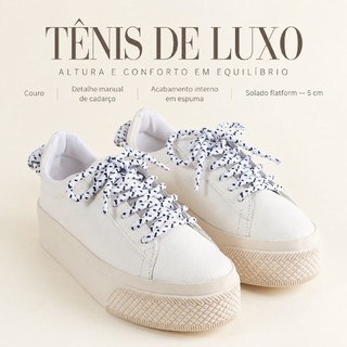 Tênis Feminino em Couro com Detalhe Manual de Cadarço, Espuma Interna e Solado Flatform
