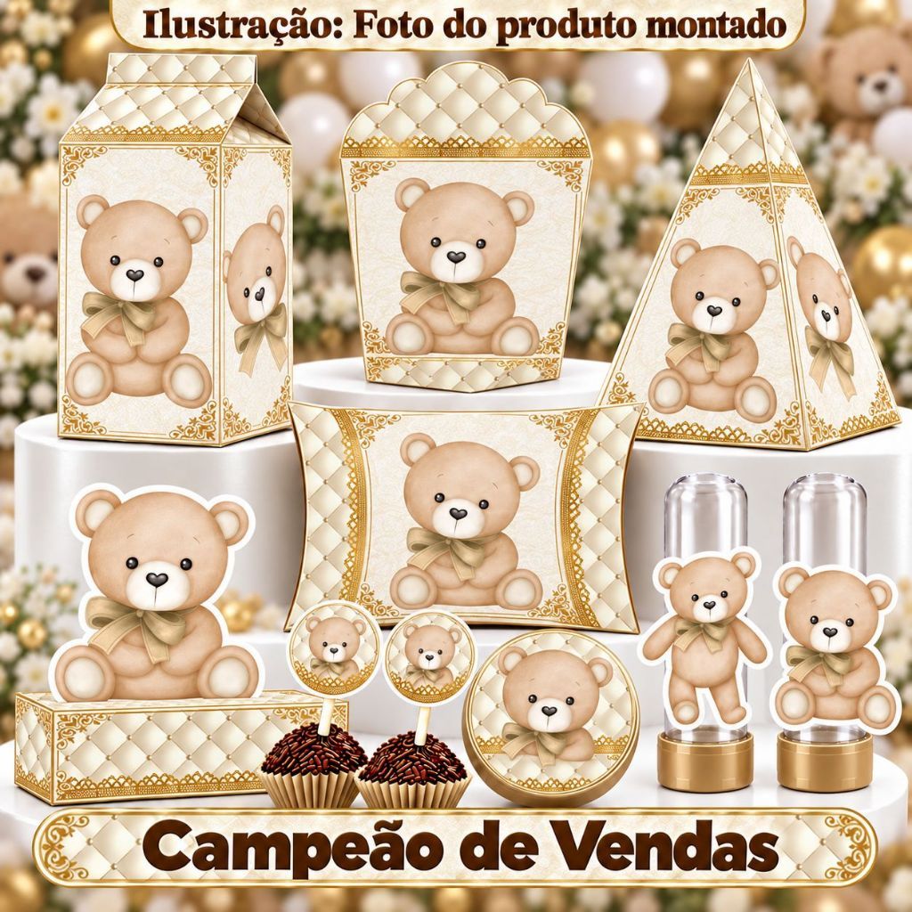 Kit Festa 180/90 Itens Personalizados Lembrancinhas Chá Revelação Urso Marrom