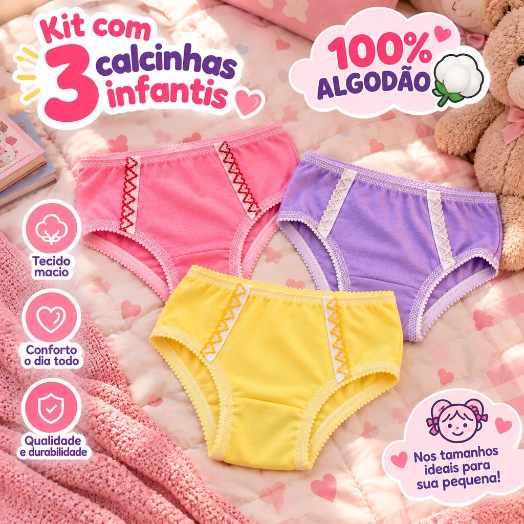 Kit com 3 Calcinhas Infantis 100% Algodão | Macias, Confortáveis e Delicadas, menina criança