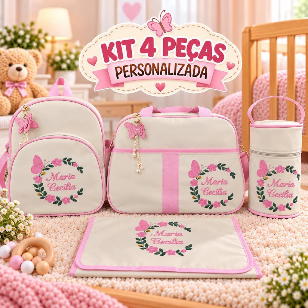 Bolsa Maternidade Personalizada 4 Peças Bolsa Grande e Mochila 2 em 1 com Porta Mamadeira e Trocador Impermeável Menina
