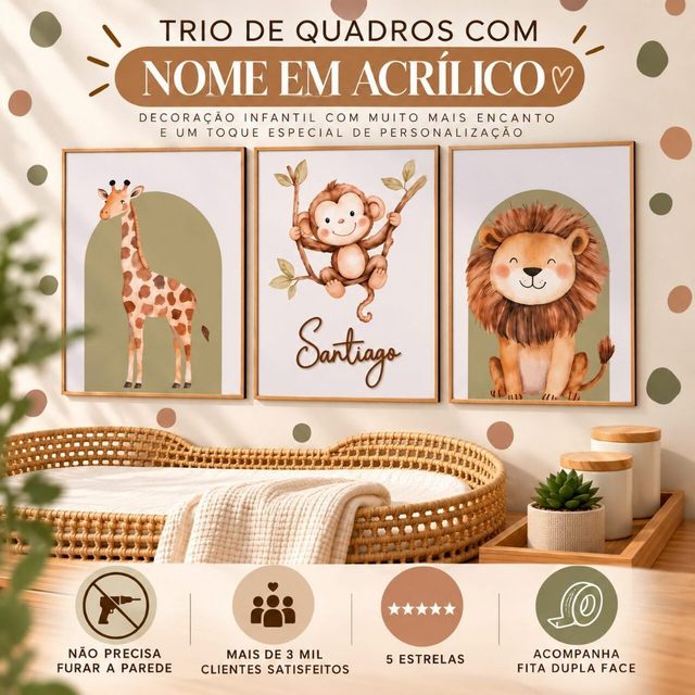 Quadro Decorativo 3 peças Animais Safari Baby Selva Folhas Quarto Infantil Menino - NOME EM ACRÍLICO