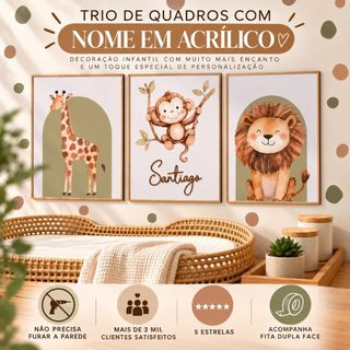 Quadro Decorativo 3 peças Animais Safari Baby Selva Folhas Quarto Infantil Menino - NOME EM ACRÍLICO