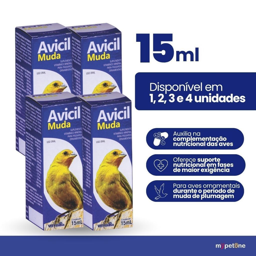 Avicil Muda 15 Ml Suplemento Vitamínico Liquidos Para Aves Passaros Ornamentais 1, 2, 3 Ou 4 Unidades