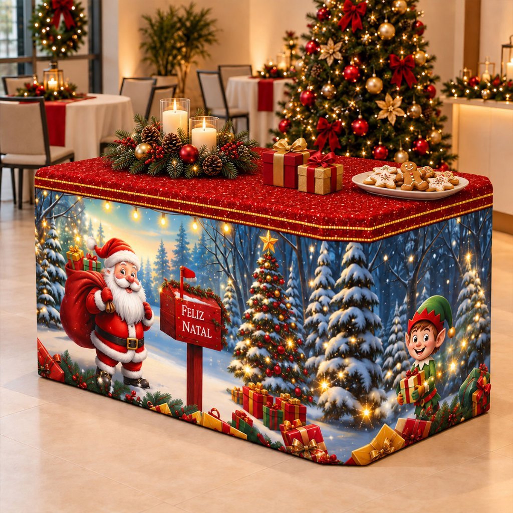 Capa de Mesa Natal Decoração de Mesa Festa Natalina Toalha de Mesa Sublimado Em Tecido Veste Fácil · foto 2