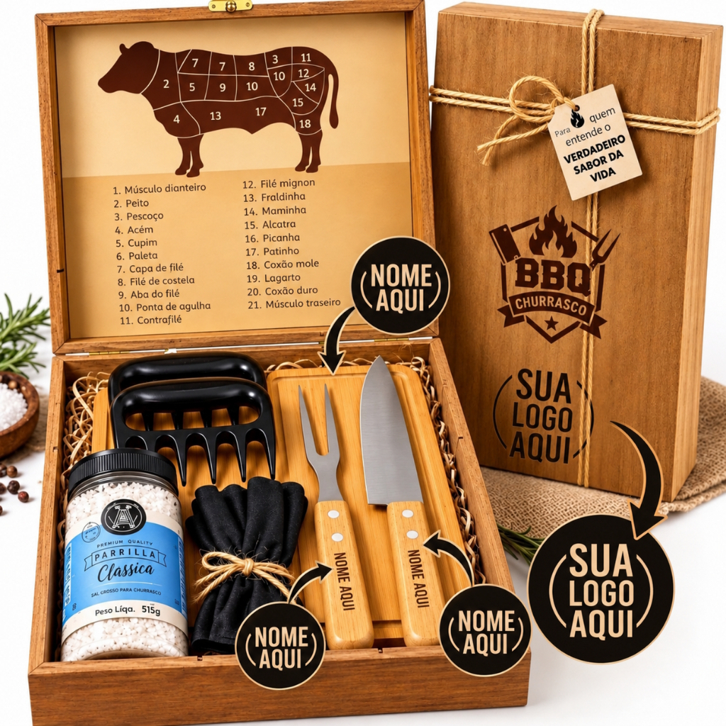 Kit Churrasco BBQ Premium Com Maleta em Madeira | Presente Ideal - PERSONALIZE COM NOME OU LOGO!