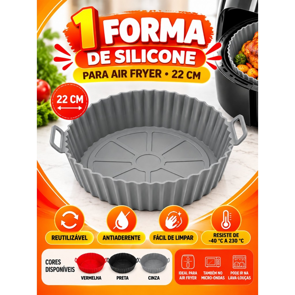 Forma de Silicone 22 cm. Antiaderente Forro Cesto Redonda, Forno para Air Fryer Fritadeira