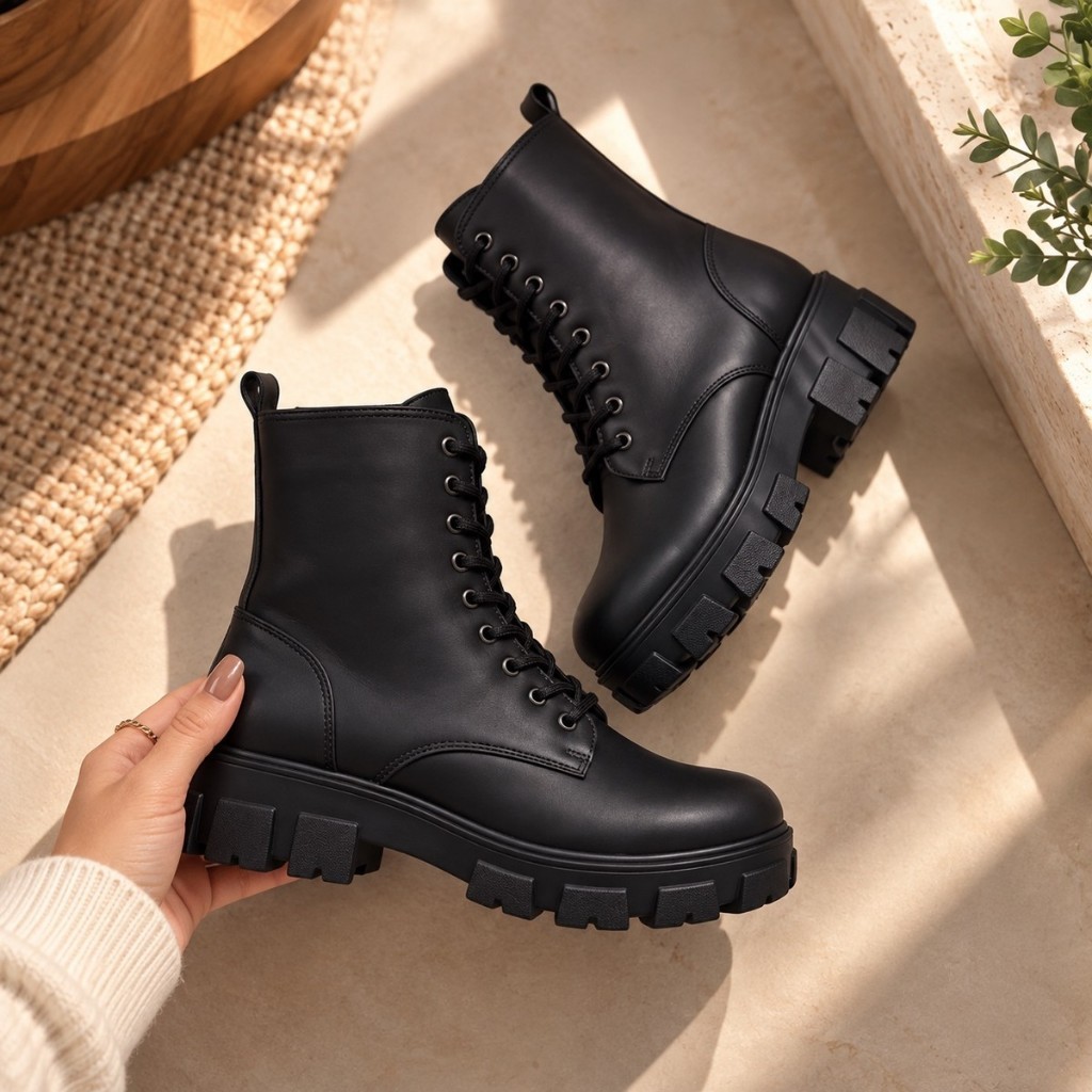 Coturno Bota Feminino Preto Tratorado Cano Baixo Casual Inverno Plataforma Confortável Fashion Sola Antiderrapante