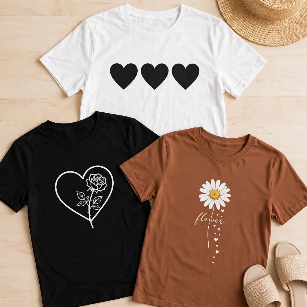 Kit 3 Camisetas Plus Size Feminina P ao G5 Estampada Academia Camisa Blusa 100% Algodão Treino Girassol Coração
