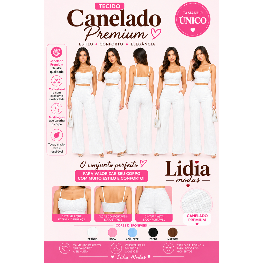 Conjunto Feminino Canelado Premium Cropped com Calça Pantalona Cintura Alta, Moda Feminina Elegante, Confortável e Casua
