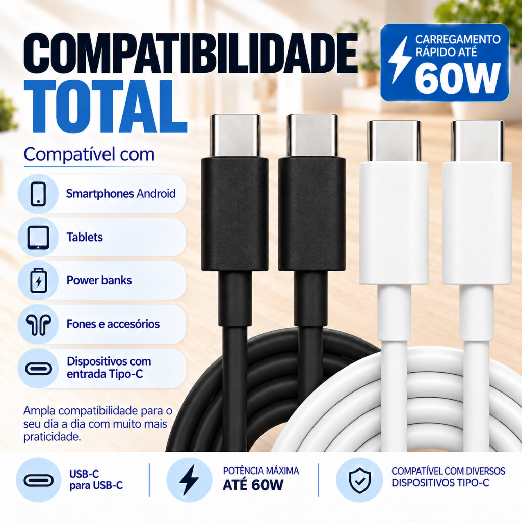 >  > **Cabo USB C 60W PD Turbo Carga Rápida Tipo C 1m Para iPhone 15/16 Android Samsung Notebook Macbook