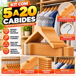 KIT conjunto Cabide de Madeira Marfim Reforçado Roupa Antiderrapante Gancho Metal Camisa Calça Vestido