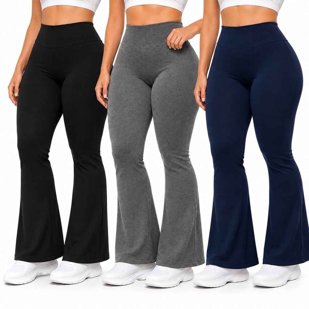 Kit 3 Calça Legging Flare Plus Size Cintura Alta Suplex Feminina Academia Zero Transparência