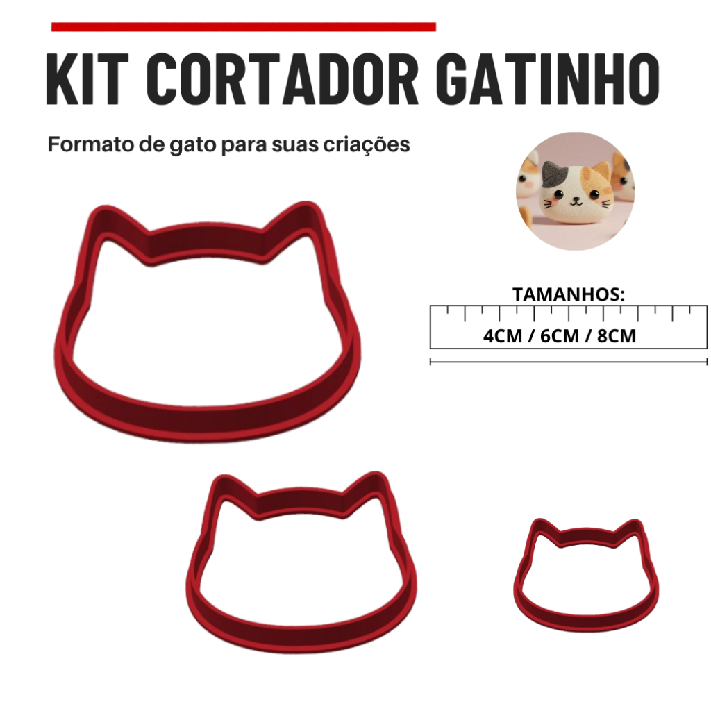 KIT com 3 Cortadores Gatinho Para Cerâmica Argila Biscuit Modelar Massas Biscoito Confeitaria Decorativa Premium Monand
