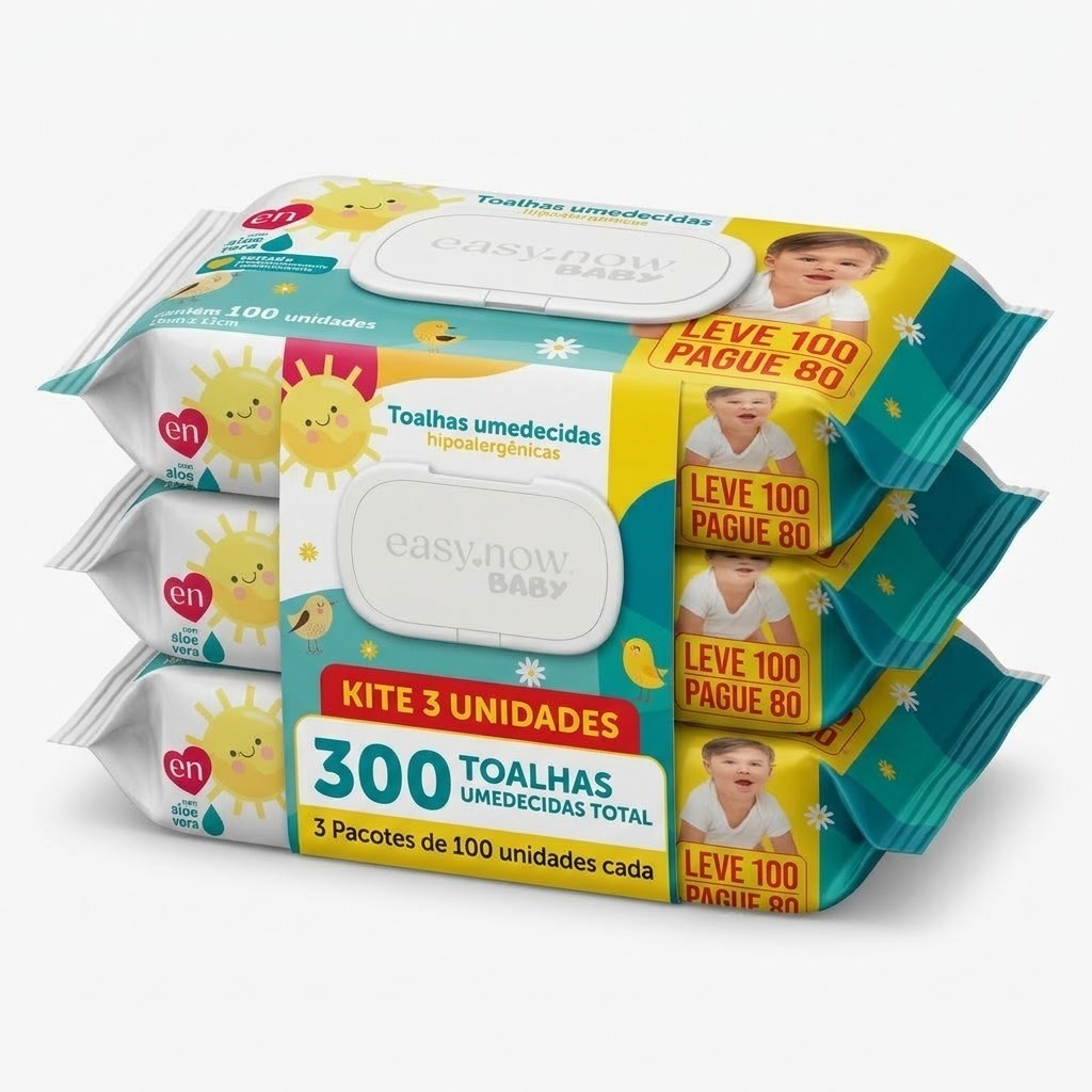Toalha Umedecida para Bebê 3 Pacotes com 100 Folhas Cada com Tampa Flip Top Easy Now Baby